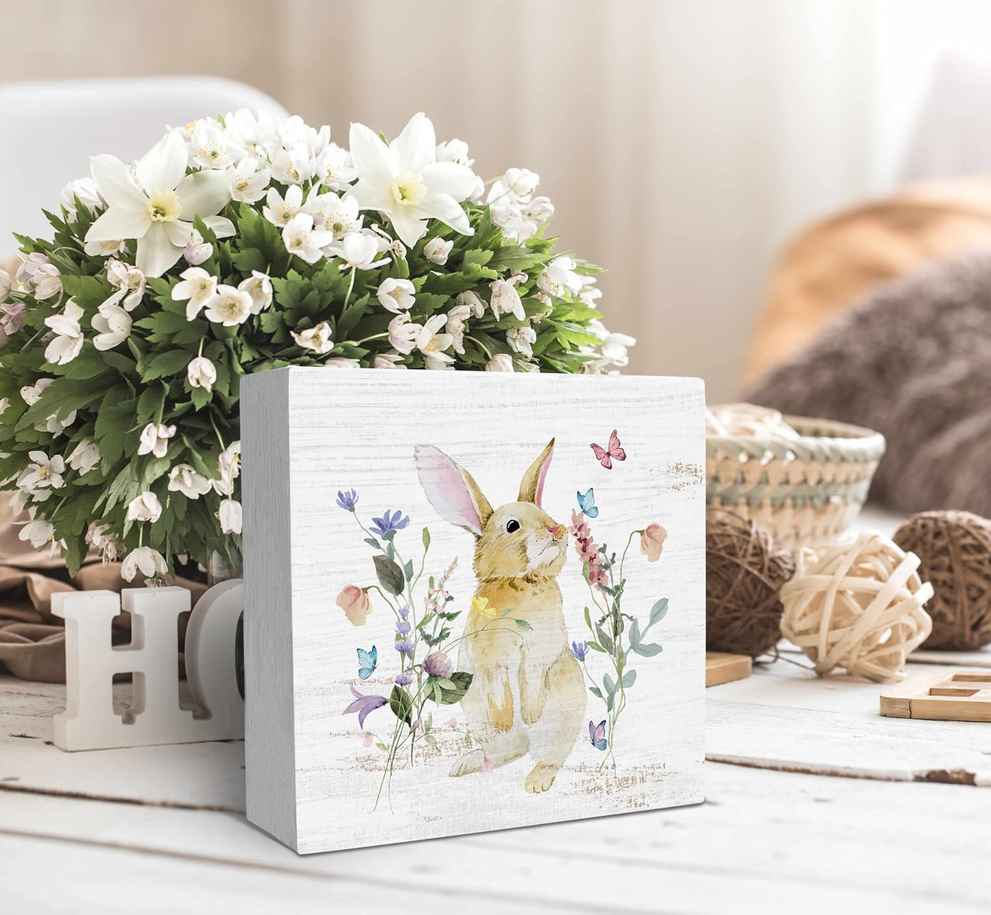 SRADMO Bunny Sign, Cute Bunny's Wood Box Sign Desk Decor, Easter Bunny Gifts for Kids, Easter Theme Wooden Block Box Sign Decoration for Home Office Shelf Table Decor