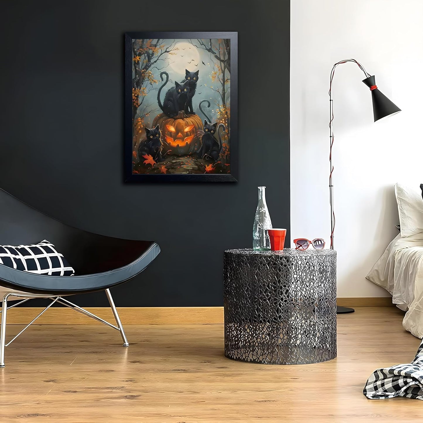 Halloween Black Cat Wall Art, Dark Academia Spooky Pumpkin Poster Wall Decor, Vintage Gothic Witchy Cat Canvas Print, for Bedroom Living Room Aesthetic Decor 16x24 Inch Wood Framed