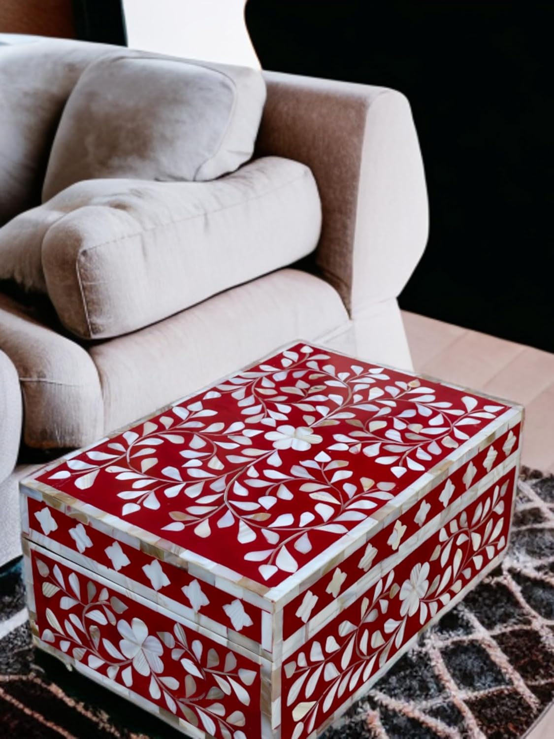 Decorative Storage Box Of Mother Of Pearl Inlay Floral Design Wooden Storage Box For Home Decoration For Living Dining & Bedroom (Red_9x6x3.5 inch)