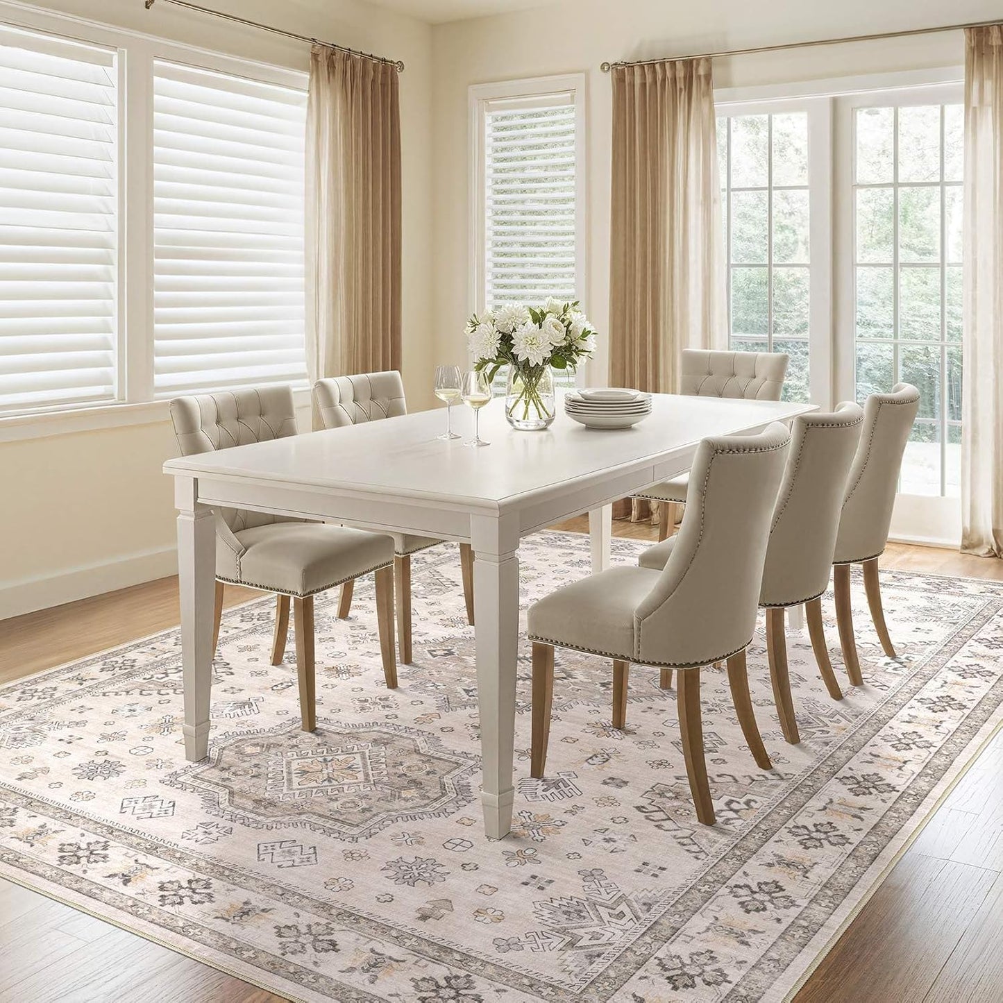 Washable Area Rugs for Living Room -10x13 Neutral Vintage Distressed Floral Farmhouse Boho Large Soft Floor Rug Indoor Non Slip Carpet for Living Room Bedroom Dining Room Office-Beige Brown