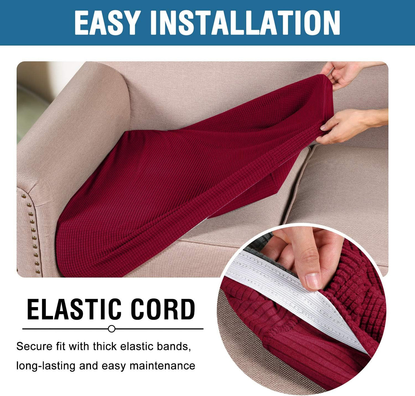 H.VERSAILTEX Super Stretch Individual Seat Cushion Covers Sofa Covers Couch Cushion Covers Slipcover Sets Thick Jacquard Textured Twill Fabric (2 Piece Medium Sofa Cushion Covers, Burgundy Red)