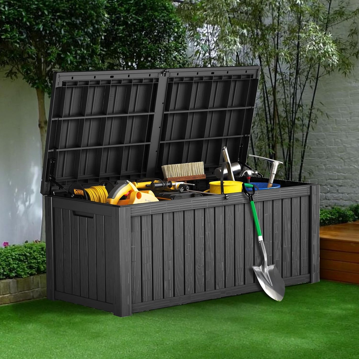 180 Gallon Outdoor Storage Box Waterproof Lockable Resin Deck Box Large, Patio Storage Bin for Pool Accessories Cushion Furniture, Garden Tools, UV-Resistant Outside Delivery Black