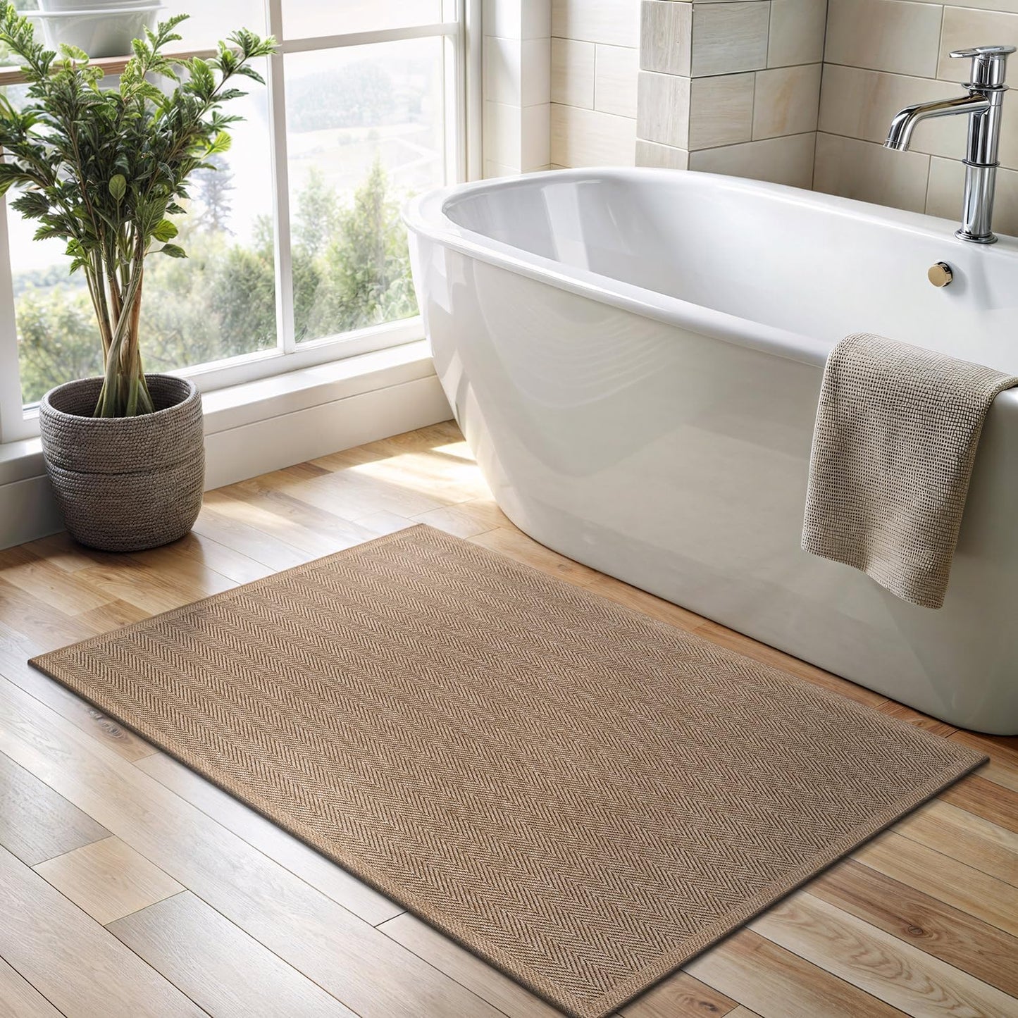 CAMILSON Easy Jute Rug 2x3, Indoor Outdoor Natural Color Fiber Area Rugs for Bathroom and Kitchen Rug, Herringbone Seagrass Boho Woven Design, Easy-Cleaning, Washable Outside Carpet Alfombras (2 x 3)