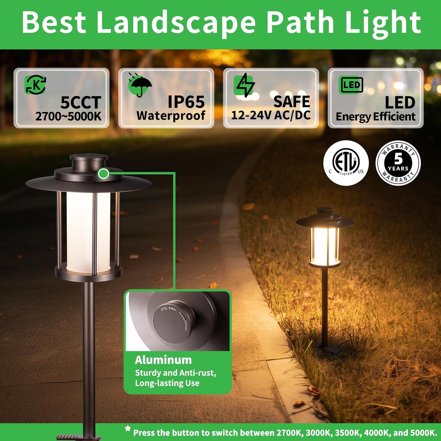 12V Landscape Path Light, 5 Color Temperature Selectable Pathlight LED, IP65 Waterproof Walkway Lights Low Voltage Hardwired, 5W 150LM ORB Metal Outdoor for Garden Walking Area (8 Pack)