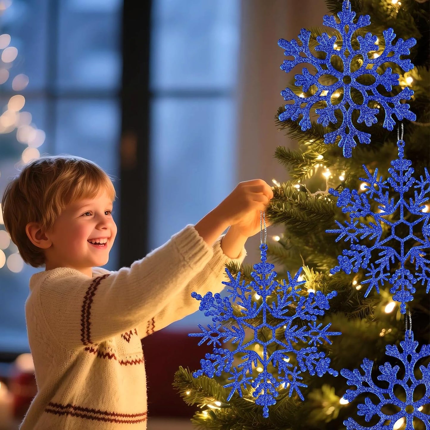 6pcs Large Navy Blue Snowflakes Ornaments 12" Big Plastic Glitter Snowflake for Winter Indoor Outdoor Christmas Tree Window Room Decorations Giant Craft Snowflakes