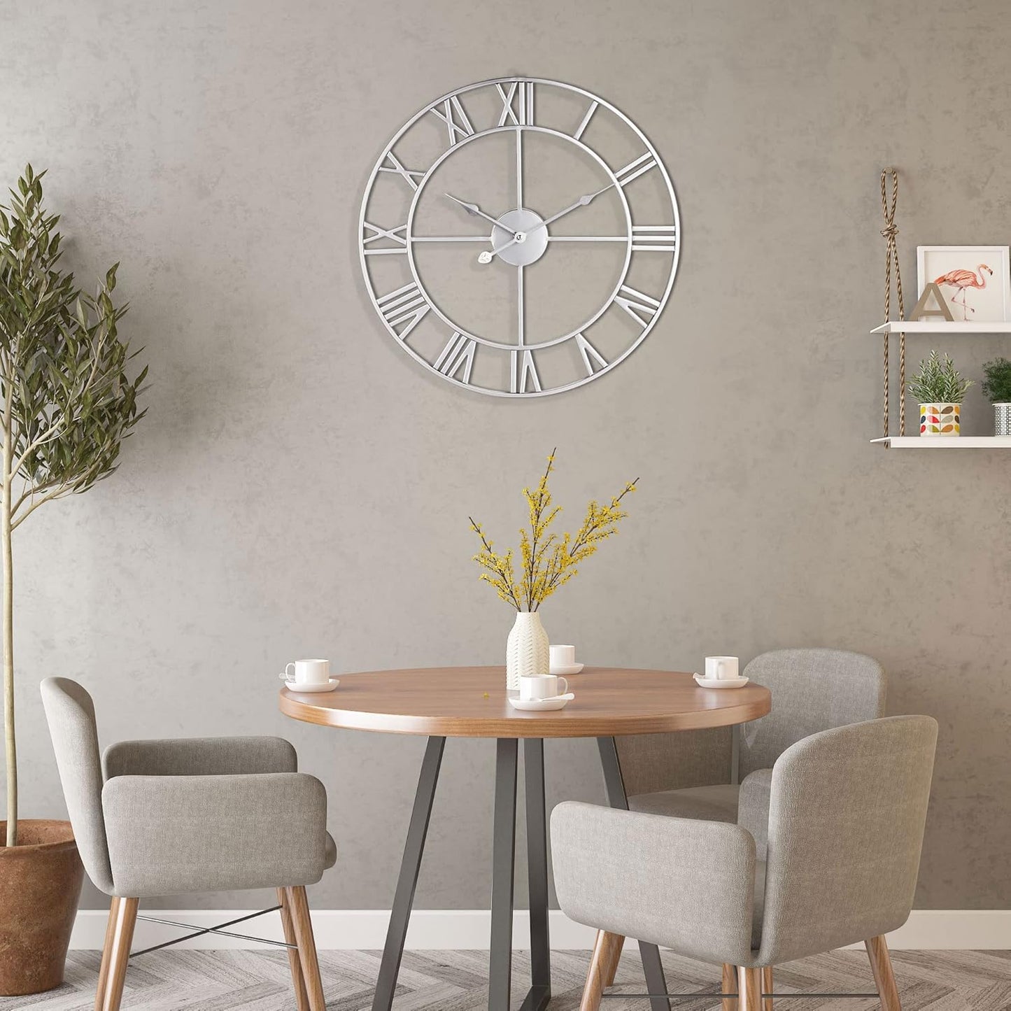 LEIKE 18.5" Modern Large Wall Clocks,Vintage, Round,Silent Non Ticking,Battery Operated,Silver Metal Roman Numerals Clock for Living Room/Bedroom/Kitchen Decor
