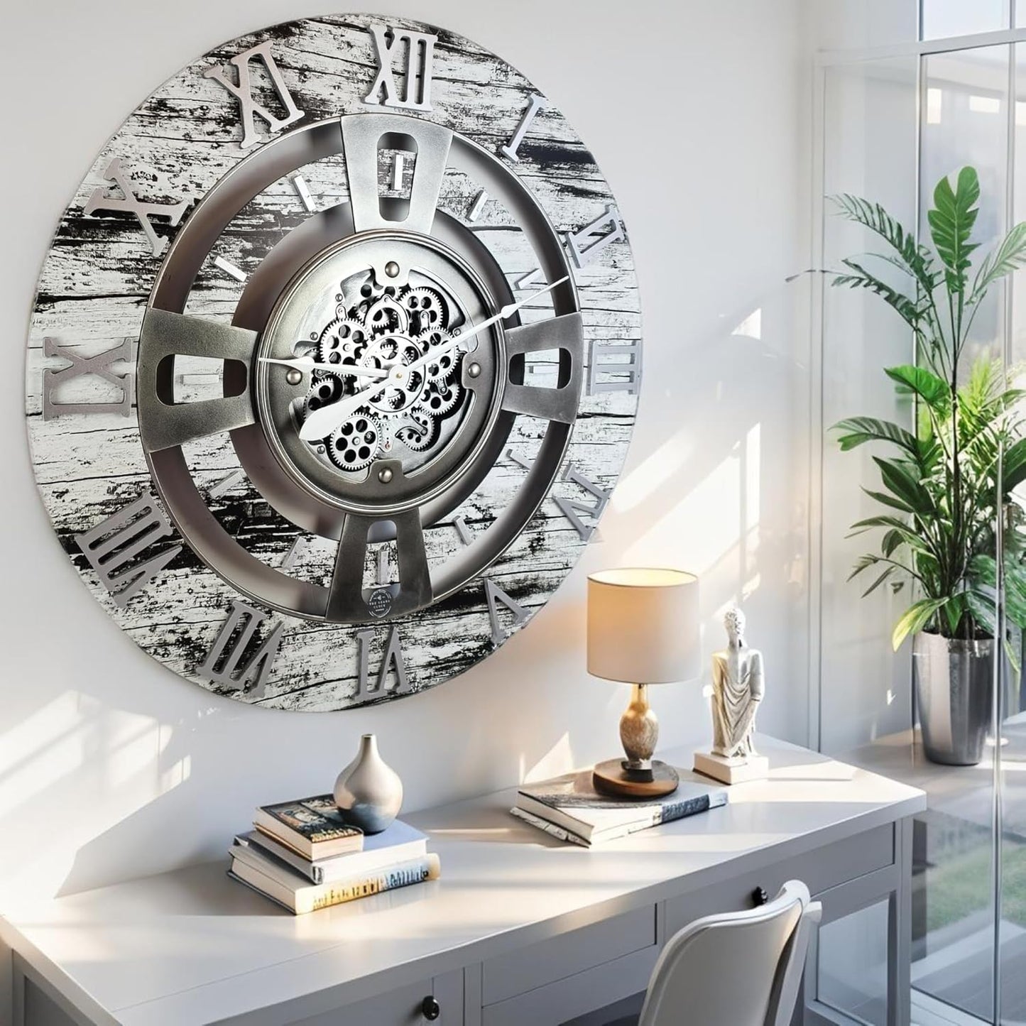 The Gears Clock 24'' Inch Real Moving Gear Wall Clock England Line (Grey & White, 24 inches (60 cm))