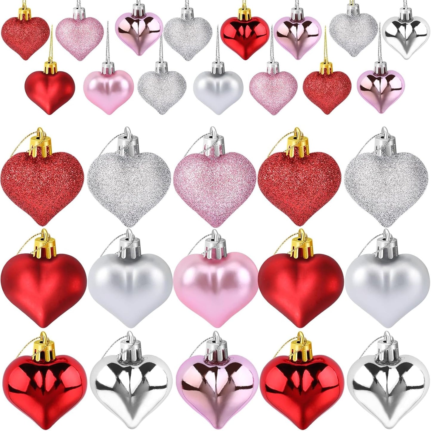 JULMELON 24Pcs Valentine's Day Heart Shaped Ornaments Romantic Valentines Heart Hanging Tree Ornaments Decorations for Home Valentine Tree Wedding Party (Red, Pink,Rose Gold and Silver)