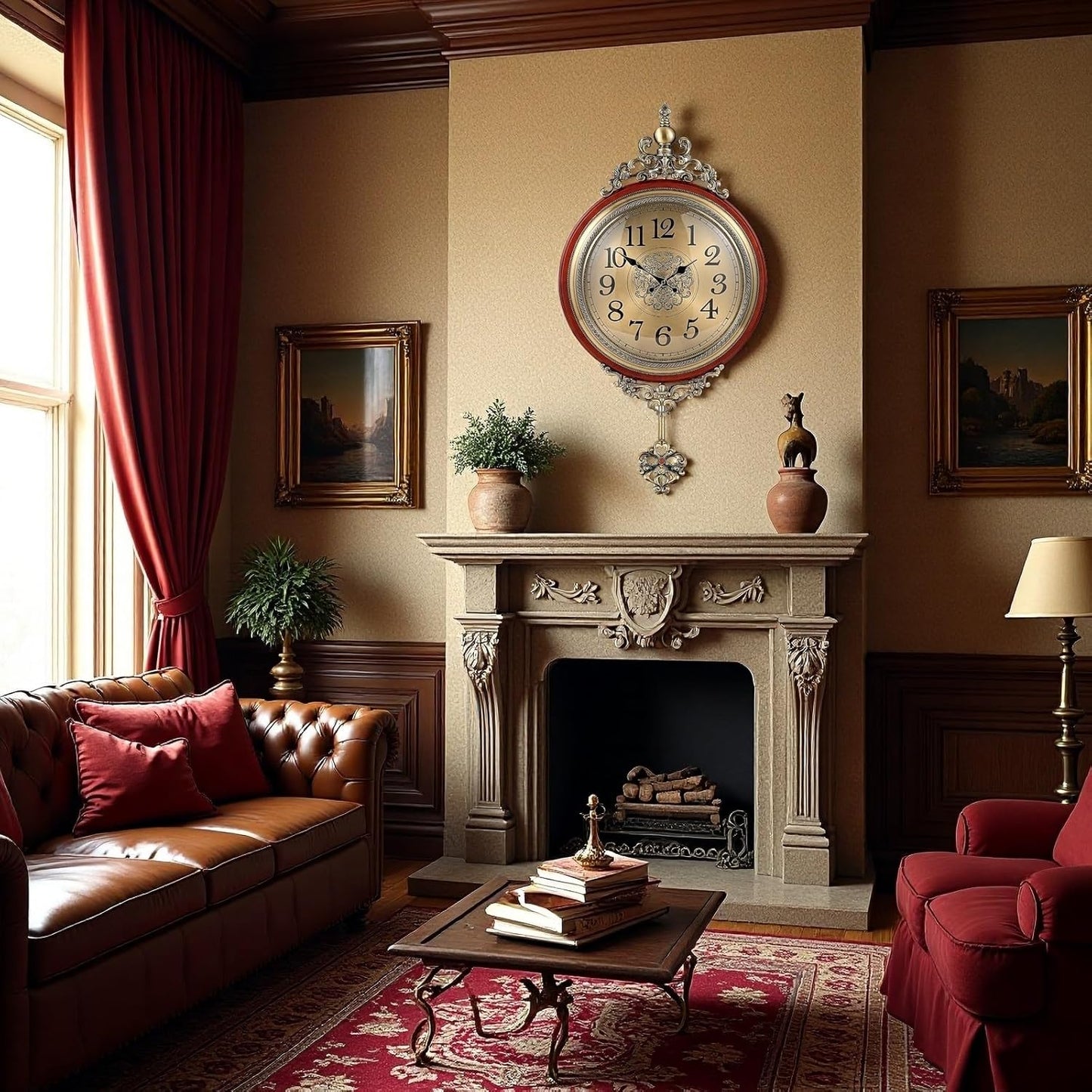 Vintage Wall Clock with Pendulum, 16 Inch Large Retro Metal and Glass Silent Clock for Living Room, Antique Wood Pendulum for Dining Room Office Home Decor