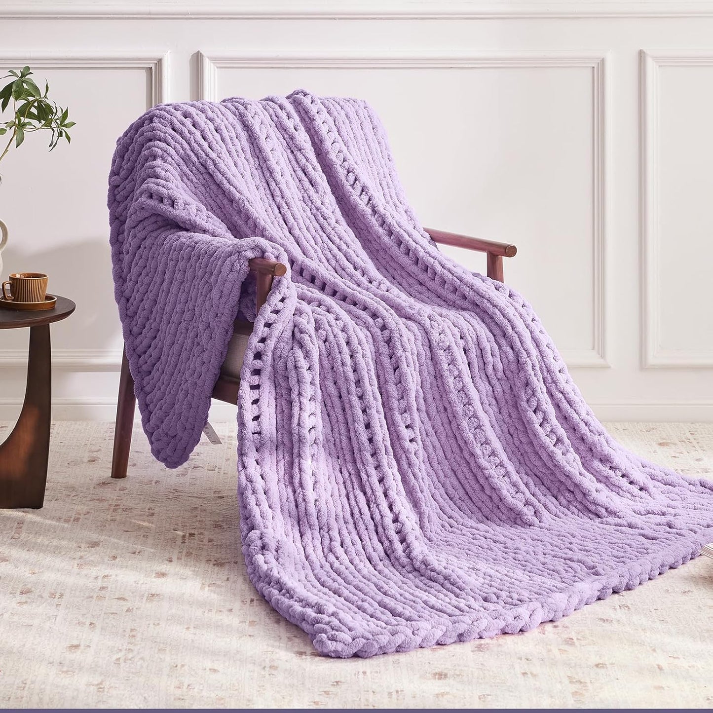 Chunky Knit Throw Blanket, 50''*60'' Knitted Throw Chenille Yarn for Bed Couch, Handmade Light Purple Crochet Big Thick Blanket, Machine Washable Cute Comfy Blanket for Home Decor