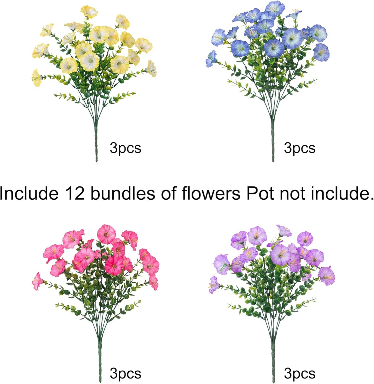 Artificial Flowers for Outdoors Fake Plants Outside Decoration, 12 Bundles Silk Colorful Morning Glory with Eucalyptus UV Resistant Realistic Faux Flowers for Planter Porch Patio Yard Indoor