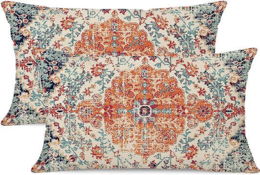 Outdoor Waterproof Pillow Covers - 12X20 Inch Set of 2, Bohemian Vintage Carpet Pattern, Orange Blue Ethnic Design, Decorative Farmhouse for Couch, Garden, Balcony