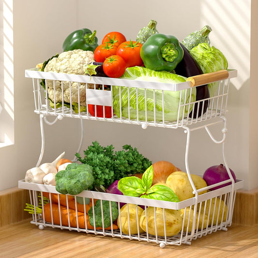 2 Tier Fruit Basket for Kitchen Counter with 2 Banana Hangers, Countertop Metal Fruit Bowl with Wooden Handle, Large Storage Stand for Vegetables, Snacks, Breads, Produce Storage – White
