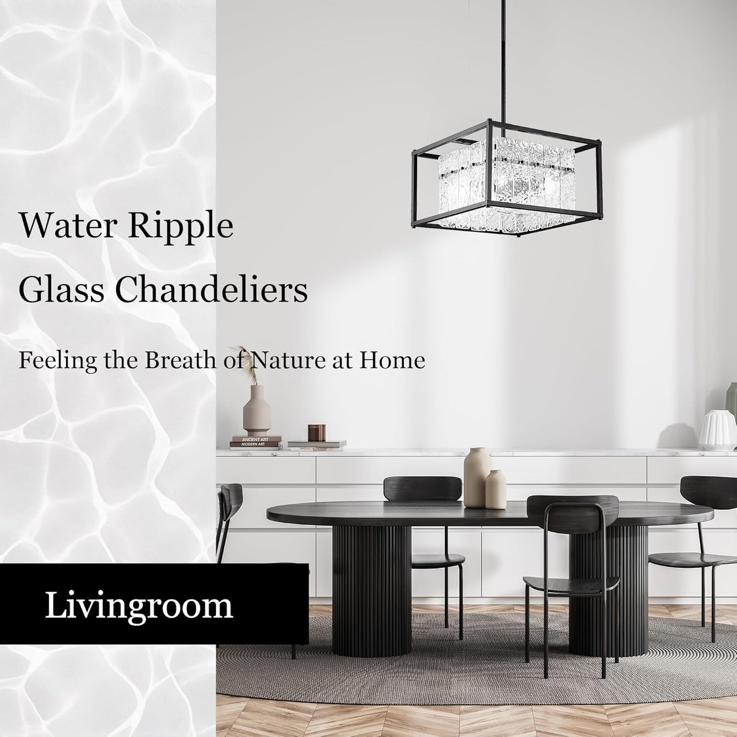 IKK Modern Foyer Chandelier, Black Crystal Chandelier for Dining Room, Square Entryway Light Fixture Hanging, Easily Adjustable Height Glass Chandeliers for Kitchen Island, Elegant Water Ripple