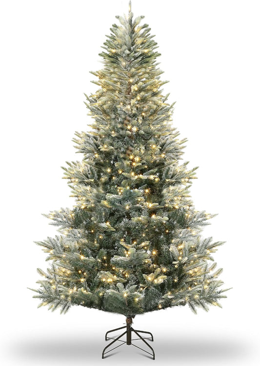 7.5ft Pre-lit Artificial Christmas Tree with Incandescent Warm White Lights, Snow Flocked Full Prelighted Xmas Tree Automatic Branch Tips, UL Listed Lights & Foldable Stand, Green & White