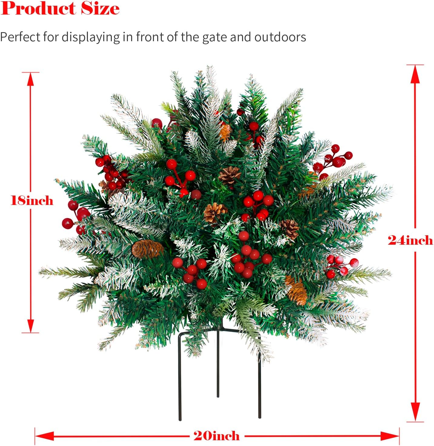 2 Pack Lighted Artificial Christmas Urn Filler, Battery Operated Pre-lit Xmas Pine Trees, Tripod Stake and 60 LED Lights, Holiday Porch Decorations for Porch, Yard, Garden, Flower Beds（Multicolor）