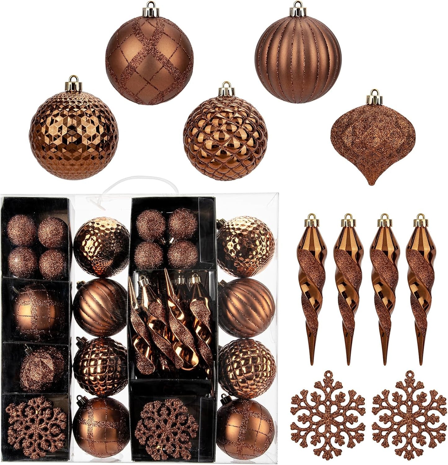 50PCS Christmas Tree Ornaments Set with Shatterproof Christmas Balls Icicle Snowflake Hanging Ornaments for Home Office Farmhouse Christmas Decorations, Bronze