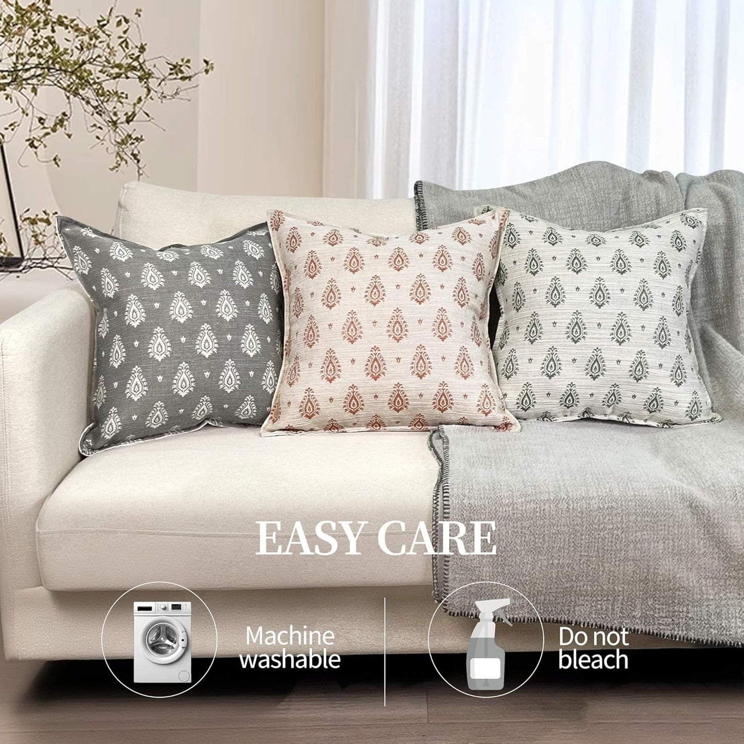 Decorative Vintage Burlap Linen Throw Pillow Covers Pack of 2 Modern Farmhouse Pillowcase Beige Paisley Couch Pillows 18x18 Inch For Sofa Bed Living Room Home Decor