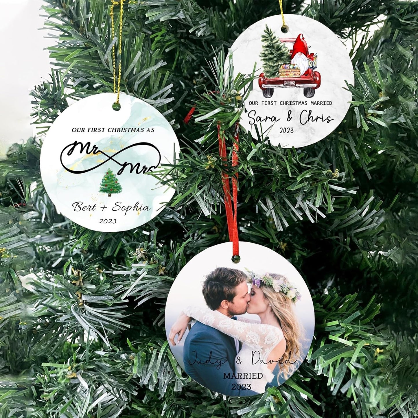 Personalized Christmas Ornaments,Double-Sided Ceramics Picture Custom Wedding Ornament - First Christmas Married as Mr and Mrs 2025 - Engagement Photo Ornament,Customized Xmas Ornaments