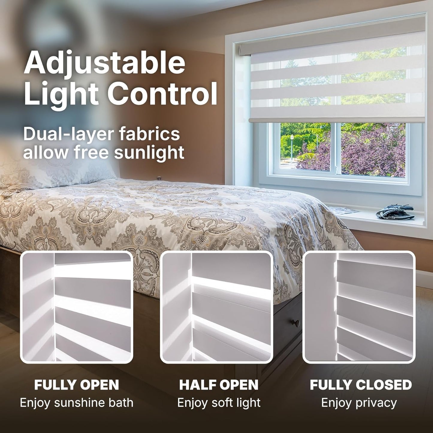 HESTIA Cordless Zebra Blinds Light Filtering Roller Shades Blackout Indoor Window Blind for Home Office,White,25" W x 48" H