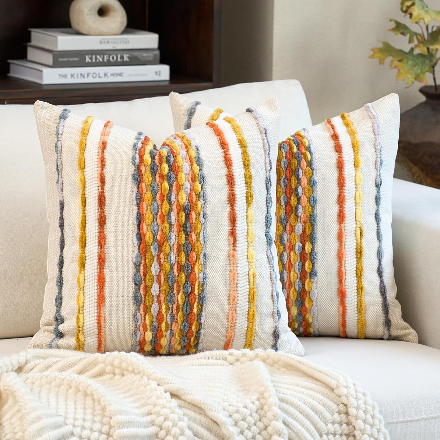 Aeckself Boho Pillow Covers 18x18 Inch Set of 2, Farmhouse Decorative Striped Square Chenille Tufted Accent Neutral Throw Pillow Covers for Living Room Couch Bed, Yellow Orange