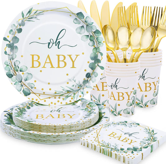 140PCS Sage Green Baby Shower Decorations for Boy, Baby Shower Plates and Cups and Napkins Sets Serves 20, for Eucalyptus Boho Boy Neutral