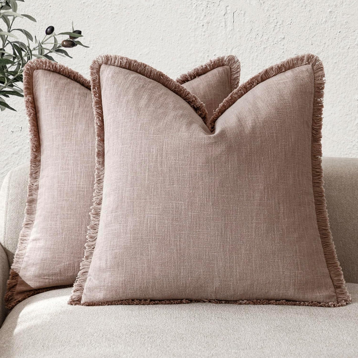 Foindtower Set of 2 Decorative Linen Fringe Throw Pillow Covers Boho Farmhouse Cushion Cover with Tassels Soft Accent Pillowcase for Couch Sofa Bed Living Room Home Decor,16×16 Inch,Dusty Pink