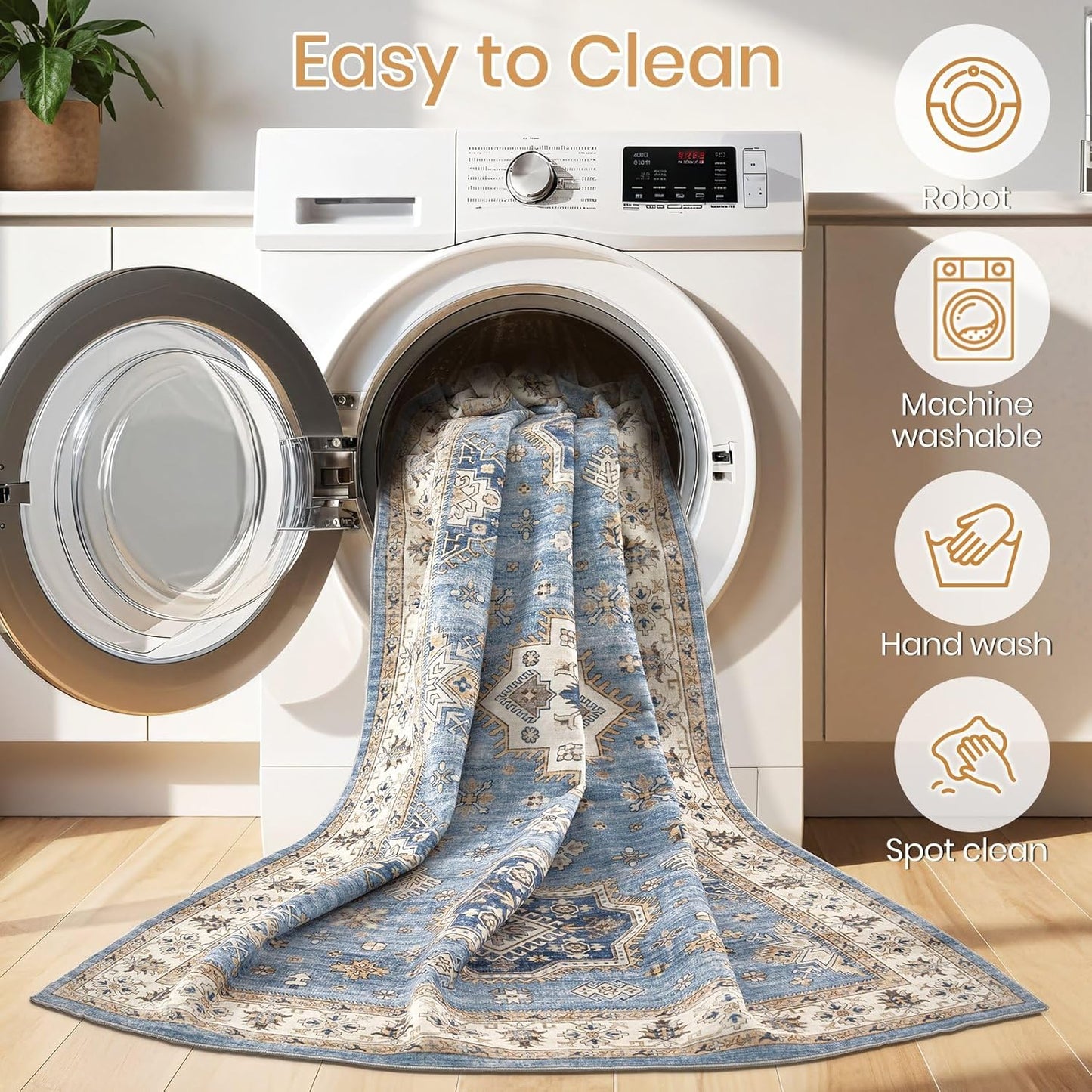 Washable Area Rugs for Living Room -8x10 Neutral Vintage Distressed Floral Farmhouse Boho Large Soft Floor Rug Indoor Non Slip Carpet for Living Room Bedroom Dining Room Office - Blue