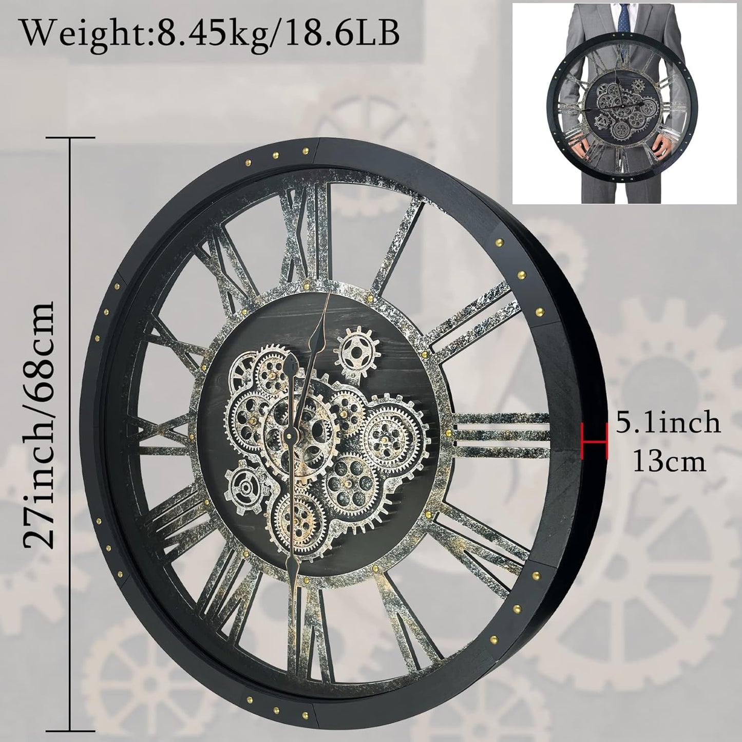 27 Inch Moving Gear Wall Clock, Oversized Wall Clocks, Clock Living Room Decor, Solid Wood Frame, Battery Operated, Large Wall Clock with Steampunk Industrial for Fireplace(Black)