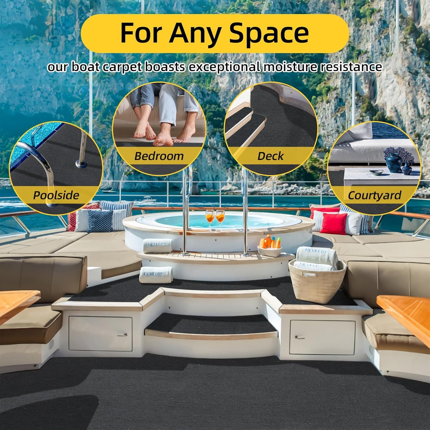 Marine Carpet, 5 FT x 25 FT Black Indoor/Outdoor Rug, 0.2" Thick, Non-Slip, Waterproof