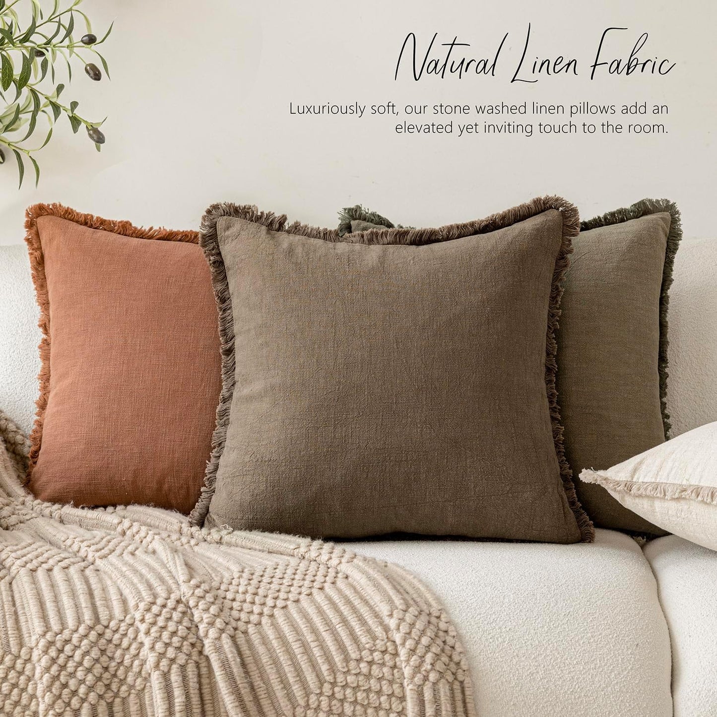 Foindtower Set of 2 Decorative Linen Fringe Throw Pillow Covers Cozy Boho Farmhouse Cushion Cover with Tassels Soft Accent Pillowcase for Couch Sofa Bed Living Room Home Decor, 16×16 Inch, Light Brown