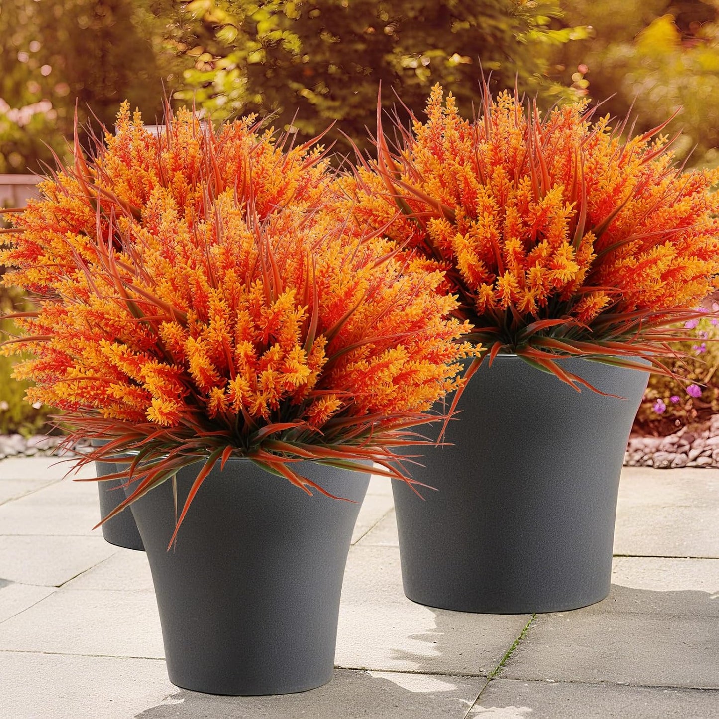 Geegoods Artificial Plants Flowers Outdoor – Faux Lavender Flowers with Monkey Grass UV Resistant Plastic Faux Plants for Garden Porch Window Patio Hanging Planter Home Decor (Autumn-Orange, 48PCS)