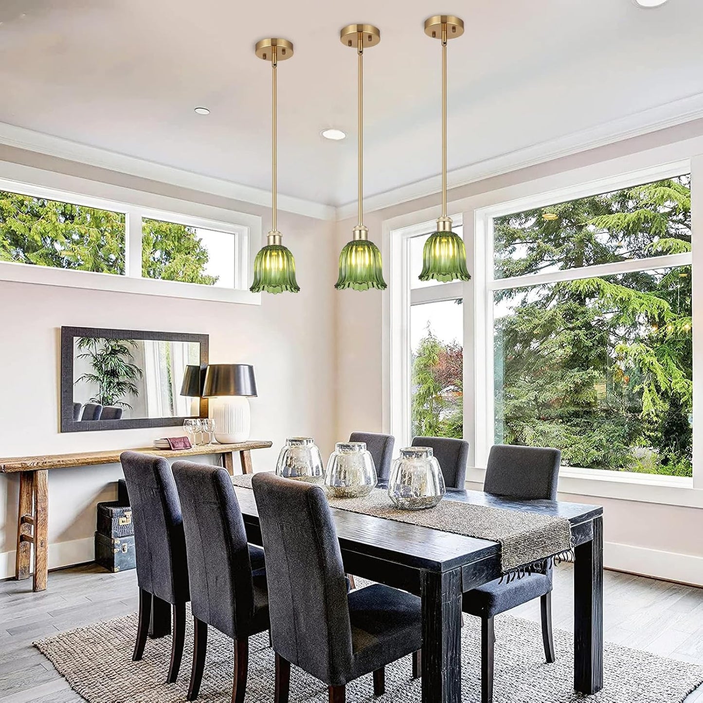 Modern Gold Pendant Light Brushed Brass Mid Century Chandelier Green Glass Shades Adjustable Rods Farmhouse Ceiling Hanging Lighting Fixture Kitchen Island Dining Room Bedroom