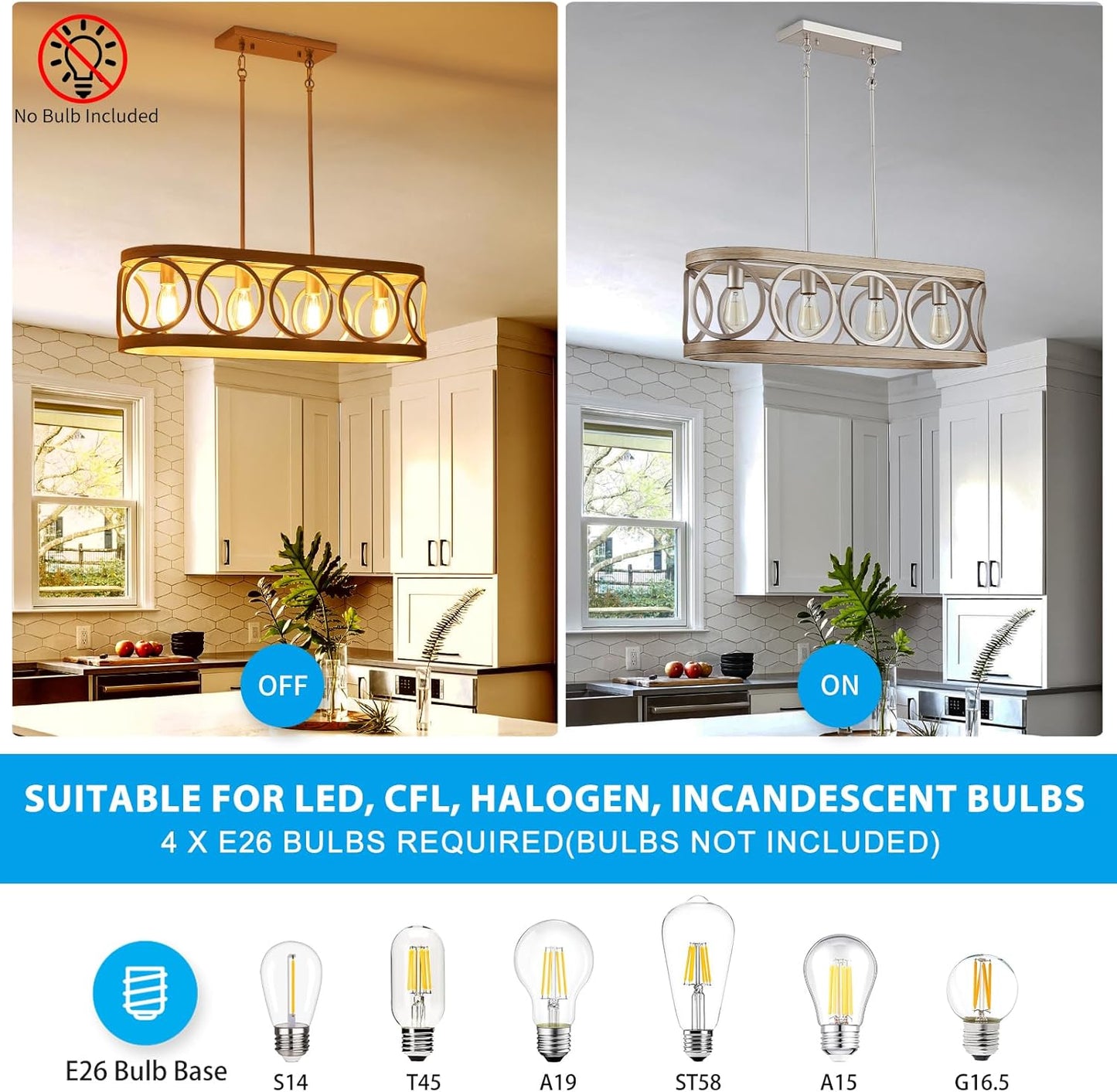 XINGQI Kitchen Island Chandelier for Dining Room Modern Farmhouse Rectangle Pendant Lighting Fixture Vintage Linear Hanging 4-Light Rustic Living Room, Antique Brushed Nickel and Wood Grain Finish