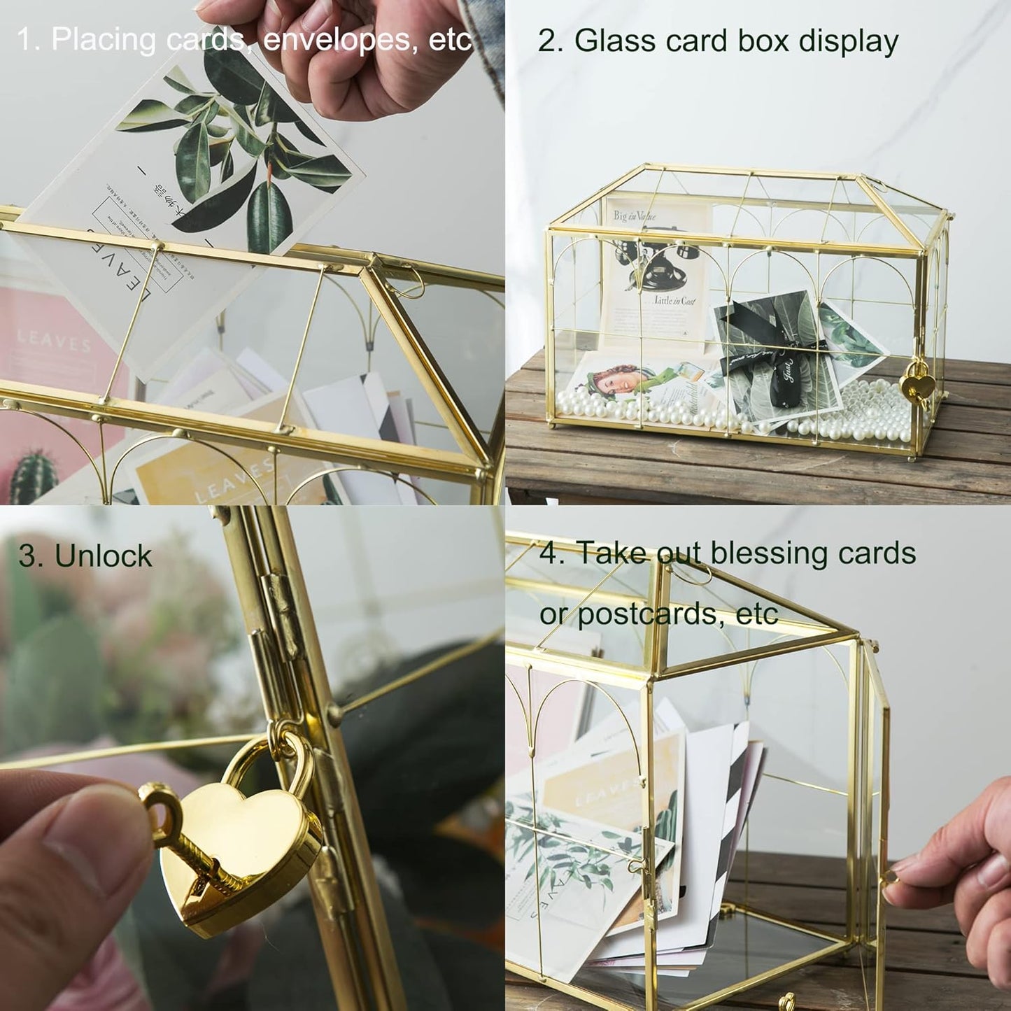 Glass Wedding Card Box with Slot, 12.6 inch Large Clear Card Box Gold Brass Gift Card Storage Box with Lock for Wedding Receptions, Baby Shower, Birthday Party, Bridal Shower