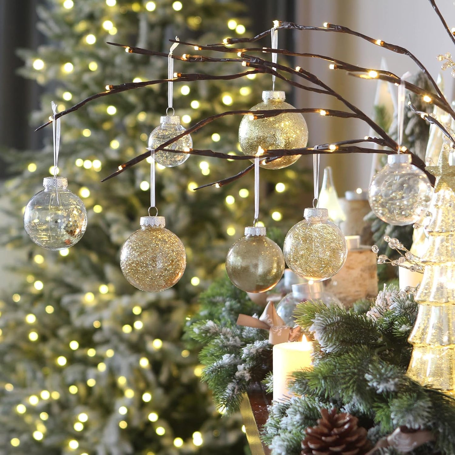 Sea Team Shatterproof Clear Plastic Christmas Ball Ornaments Decorative Xmas Balls Baubles Set with Stuffed Delicate Decorations (60mm/2.36"/30-Pack, Gold)