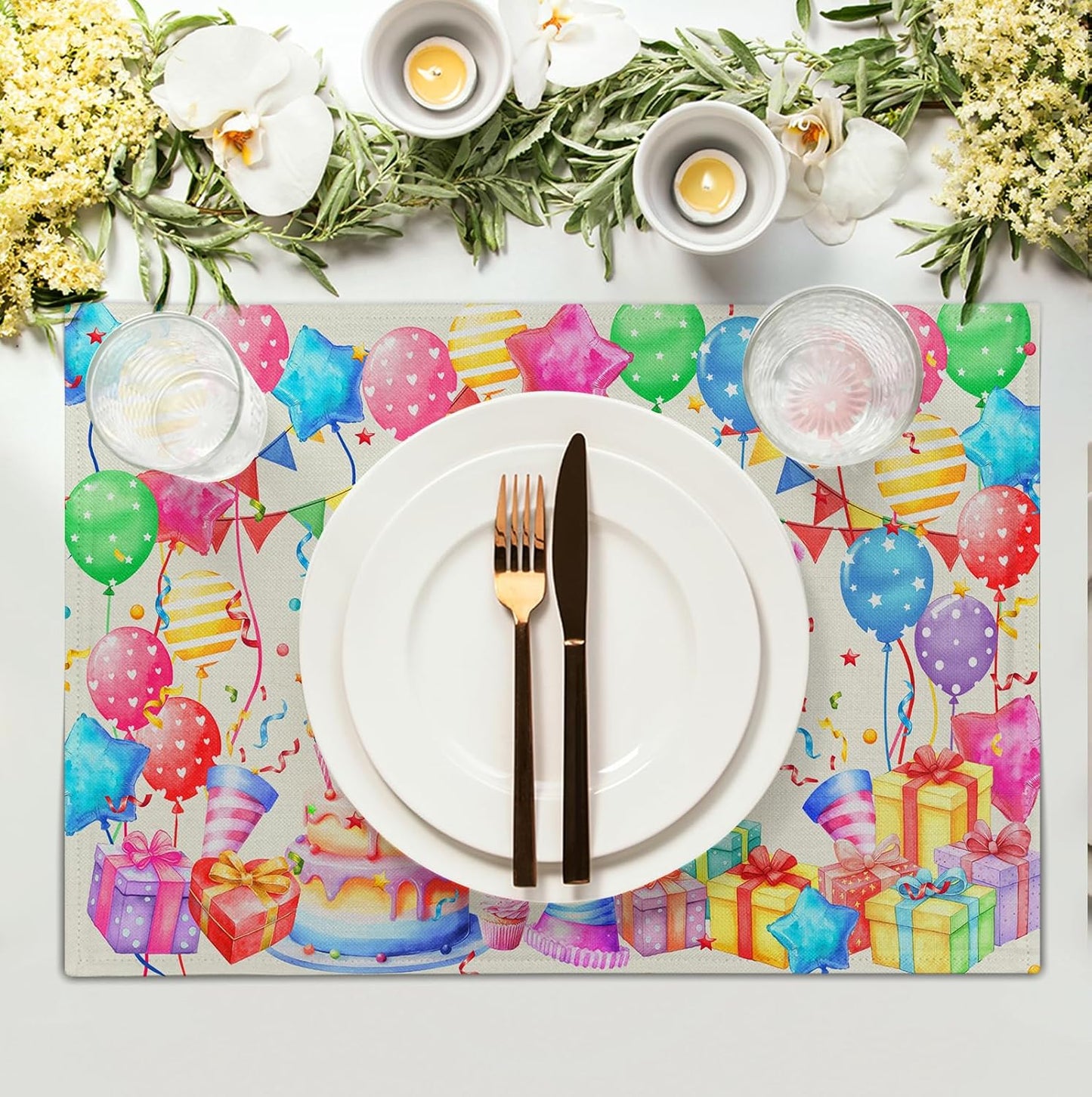 Happy Birthday Placemats Set of 4 Colorful Balloons Confetti Cake Linen Table Mats 12x18 Inch Birthday Party Place Mats for Kitchen Dining Outdoor Indoor Decorations