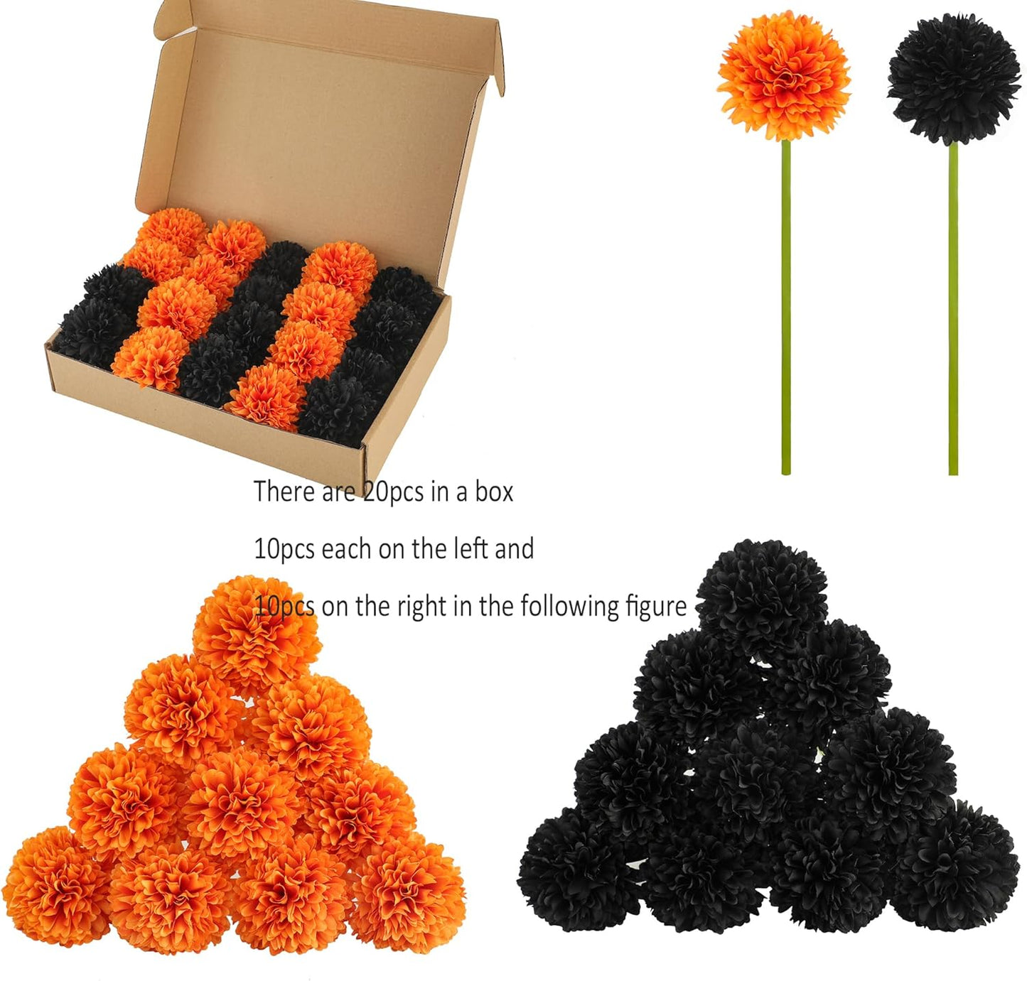 Kimura's Cabin 20Pcs Faux Mums Flowers Fake Chrysanthemum Artificial Silk Ball Flowers for Halloween Garden Home Kitchen Table DIY Decoration Center Fall Bouquets (Orange Black)