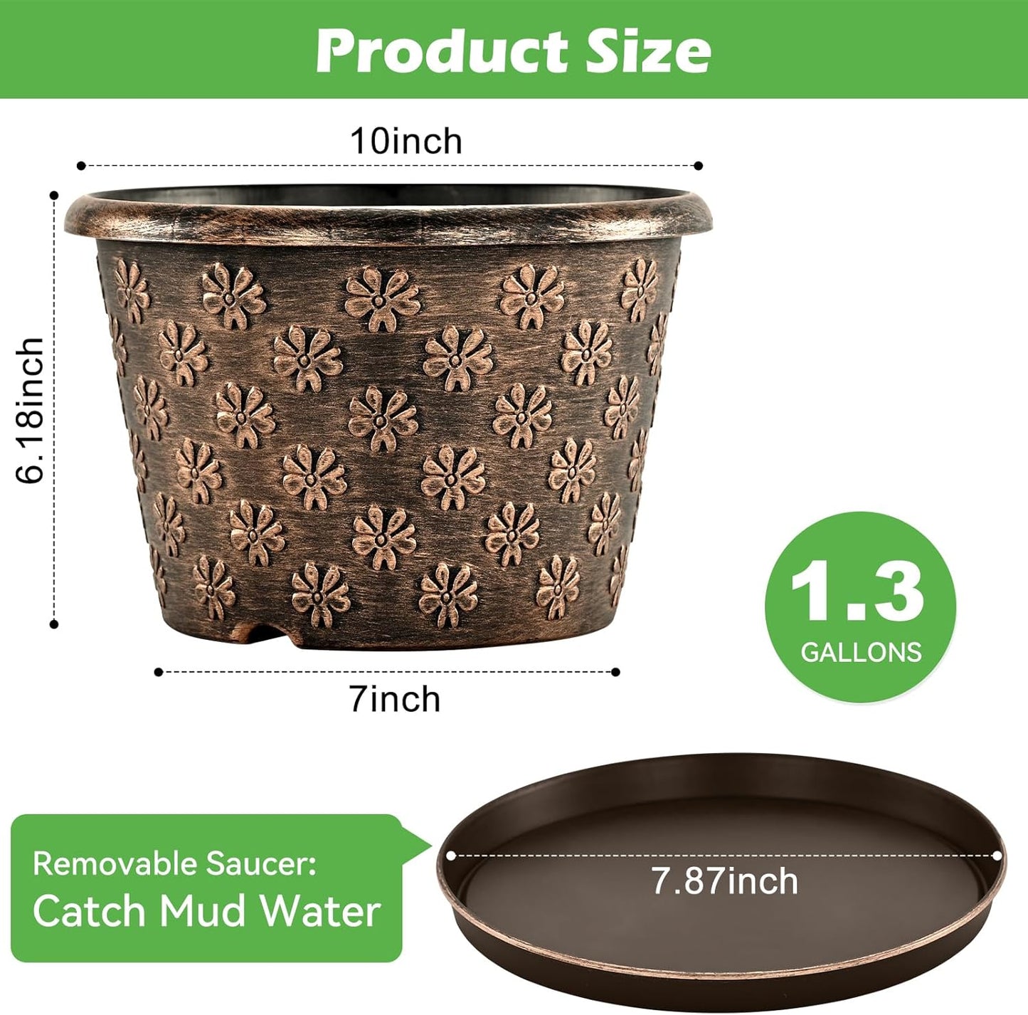 10 Inch Planter Pots for Plants, 4 Pack Plastic Large Flower Pots Indoor Outdoor, Resin Plant Pot with Drainage & Saucer, Retro Decorative Garden Pot with Removable Trays for House