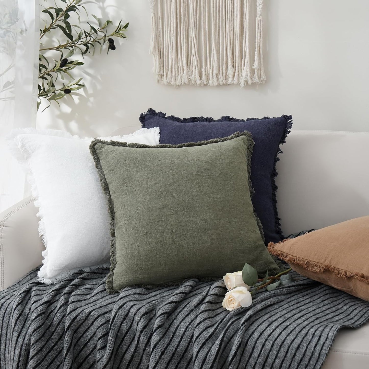 Foindtower Set of 2 Decorative Linen Fringe Throw Pillow Covers Cozy Boho Farmhouse Cushion Cover with Tassels Soft Accent Pillowcase for Couch Sofa Bed Living Room Home Decor,18×18 Inch,Olive Green