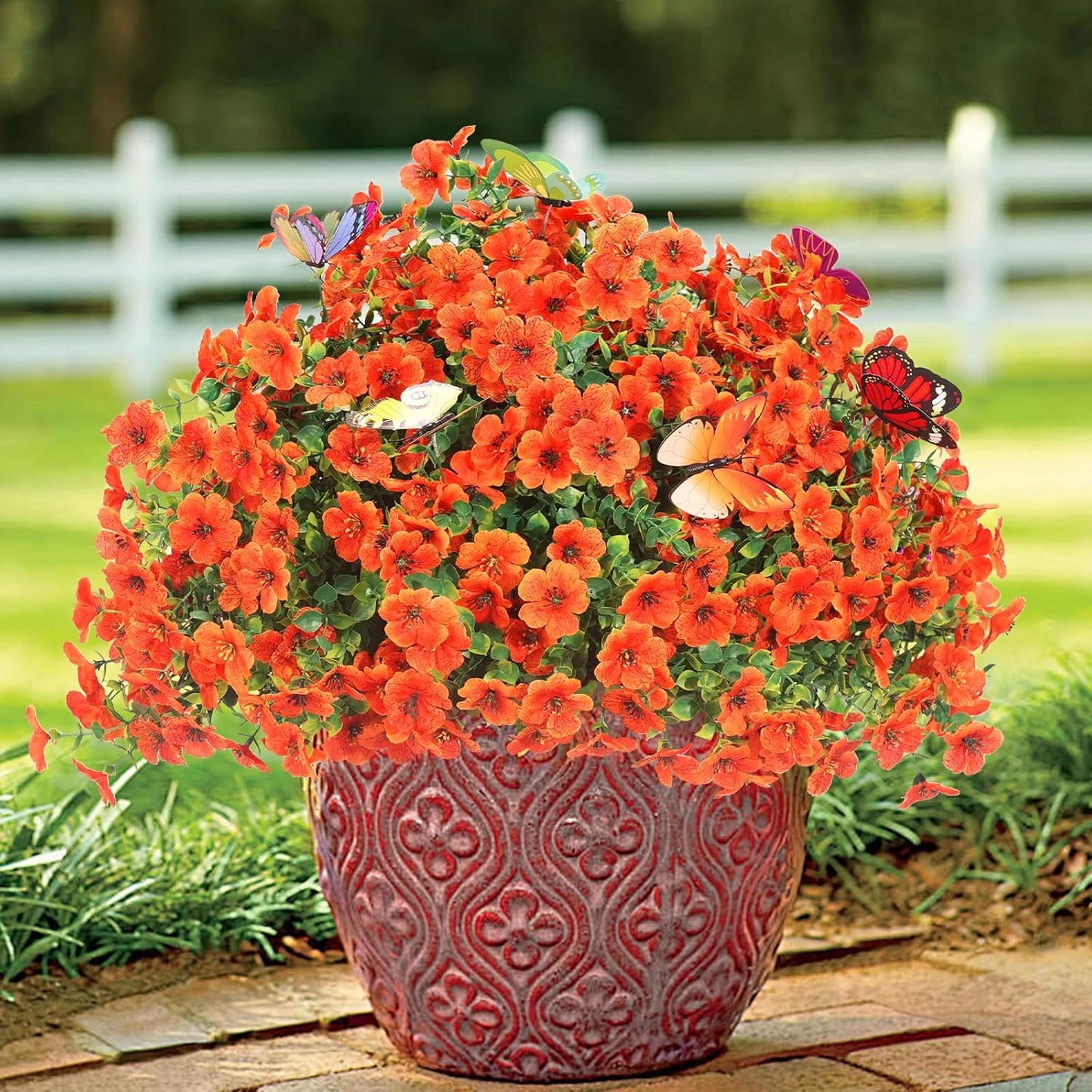‌20 Bundles Artificial Flowers for Outdoors‌ with 6 Faux Butterflies, UV Resistant ‌Fake Flowers‌ with Eucalyptus Leaves, ‌Artificial Plants Outdoor‌ for Patio Garden Porch Home Decor (Orange)