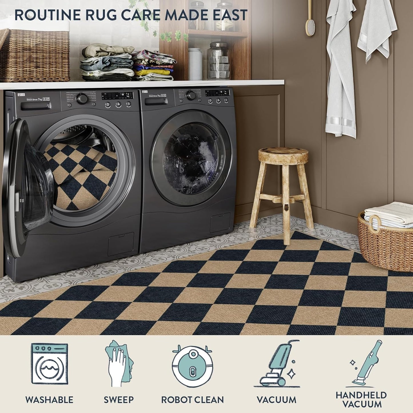 Lahome Checkered Easy Jute 5x7 Area Rugs, Washable Outdoor Patio Rug for Living Room Diamond Indoor Outdoor Carpet, Farmhouse Geometric Non Slip Black Carpet for Backyard Dining Room