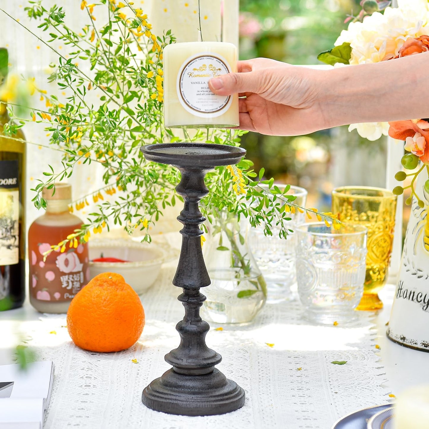 Sungmor Rustic Cast Iron Pillar Candle Holder, 9.6" Tall Vintage Candlestick Holders, Table Centerpiece Metal Candle Holder, Farmhouse Candle Stand for Fireplace Shelf Home Decor