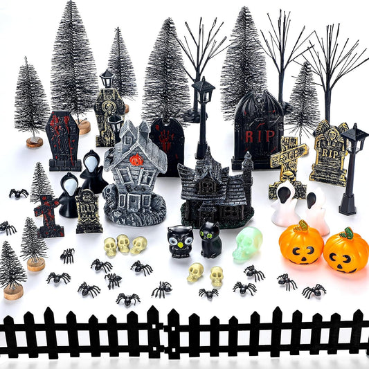 56 Pcs Halloween Village Accessories Set Halloween Haunted House Village Set Miniature Tombstones Tree Fake Spiders Fence Streetlamp Figurines for Home Table Party Decor