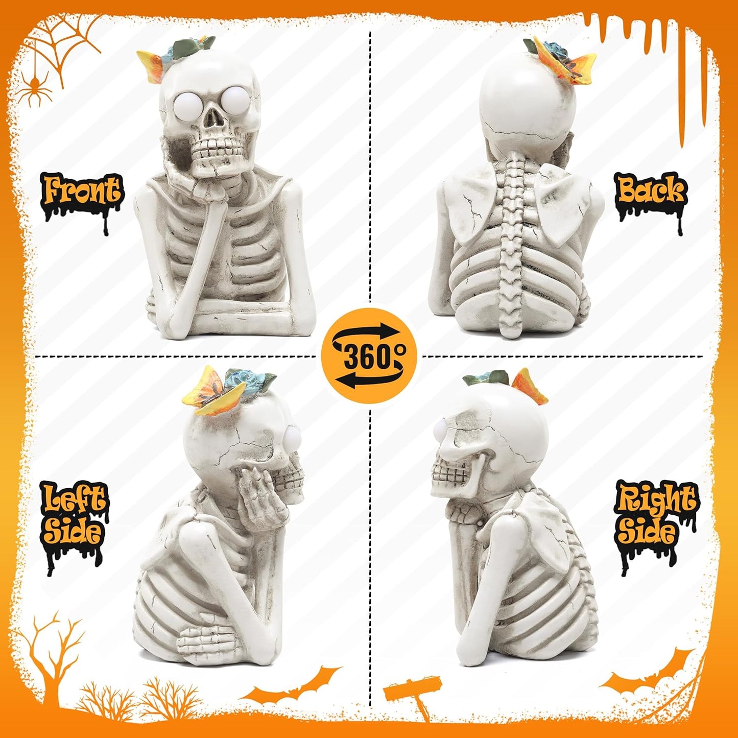 Halloween Skeleton Light Statue, Scary Resin Skull Figurines with Light Up Eyes Decorations for Home Table Kitchen Party Battery Operated Skull Lighting Changes Decor
