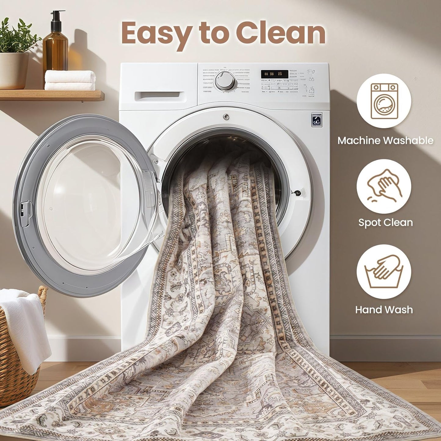 Washable Area Rugs for Living Room - 9x12 Neutral Vintage Distressed Floral Farmhouse Boho Large Soft Floor Rug Indoor Non Slip Carpet for Bedroom Dining Room Office - Grey Brown