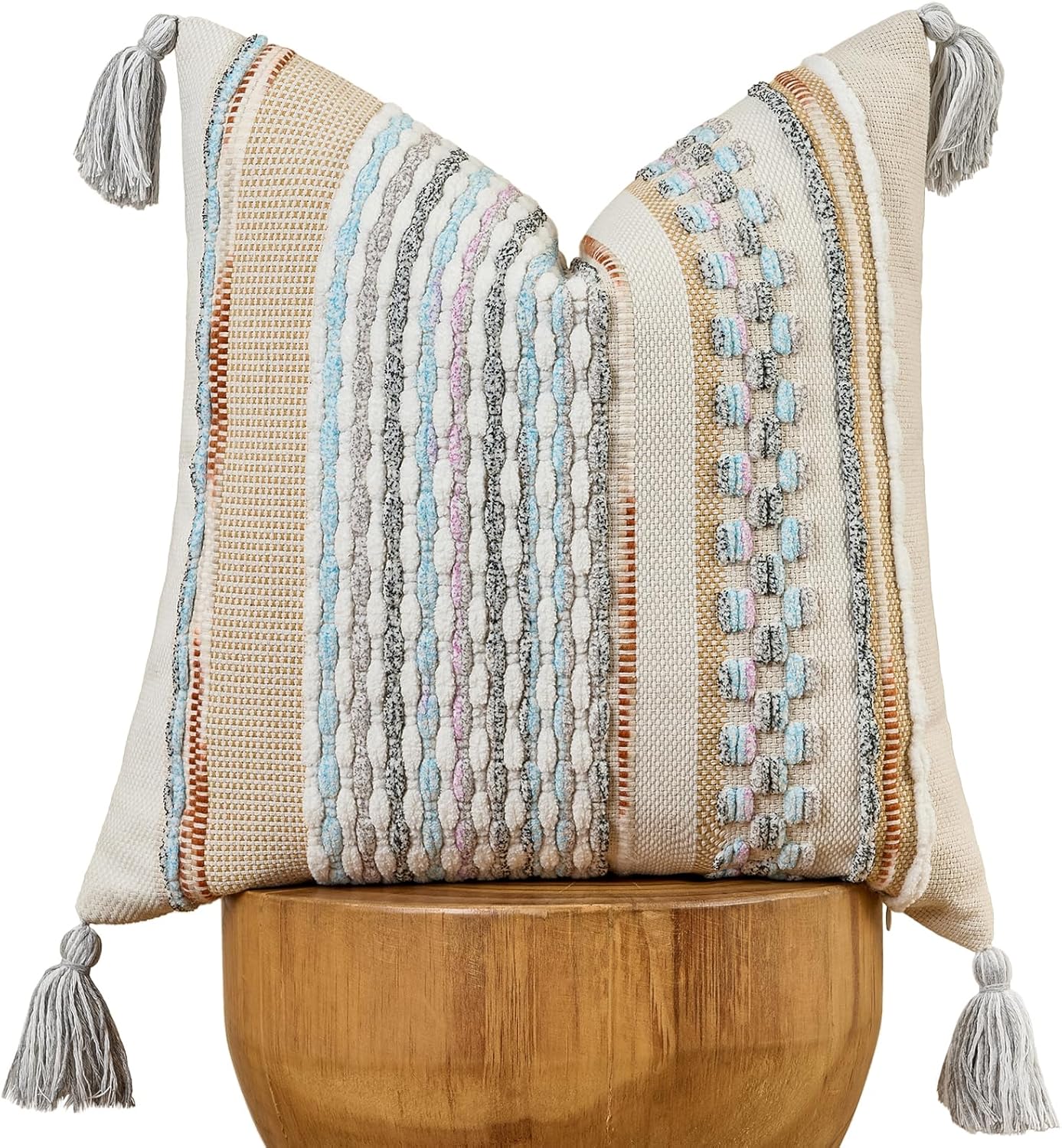 AmHoo Chenille Striped Textured Boho Throw Pillow Covers Aesthetic with Tassels Woven Decorative Pillow Case for Couch Bed Sofa Bedroom Modern Funky 18 x 18-Inch White Multicolor