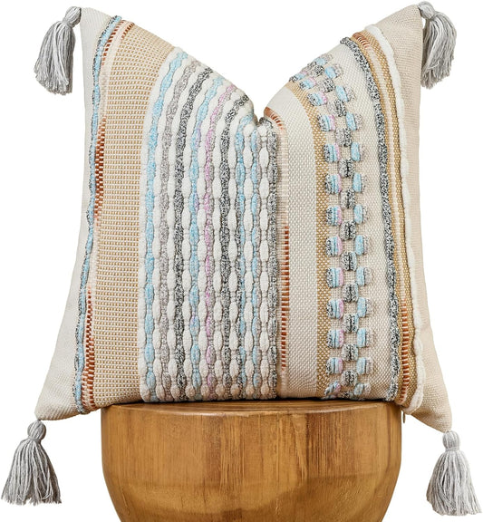 AmHoo Chenille Striped Textured Boho Throw Pillow Covers Aesthetic with Tassels Woven Decorative Pillow Case for Couch Bed Sofa Bedroom Modern Funky 18 x 18-Inch White Multicolor