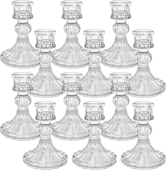 12 Pack Glass Candlestick Holders- Clear Taper Stripe Candle Holders for Candlesticks, 4" H Taper Candle Holders Small Centerpiece for Wedding, Festival, Party & Windowsill Decor