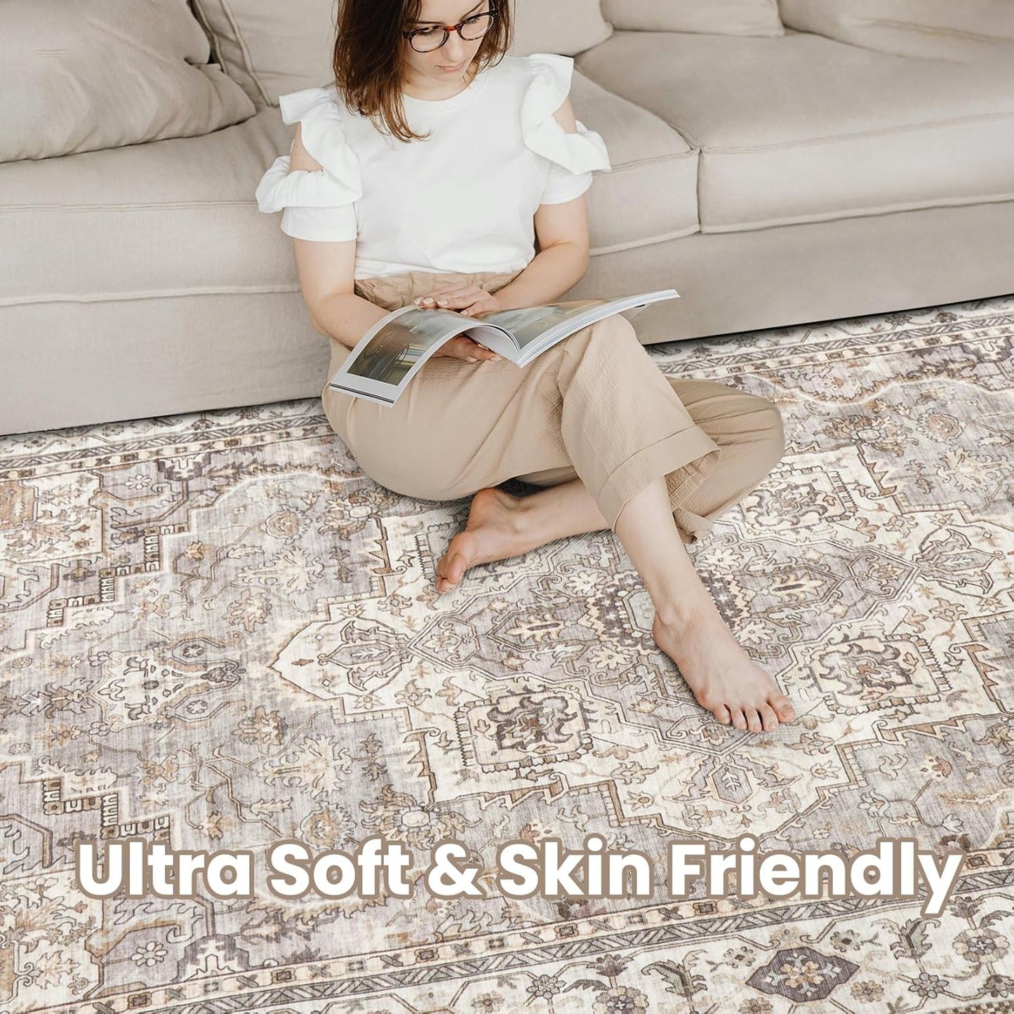 Washable Area Rugs for Living Room - 6x9 Neutral Vintage Distressed Floral Farmhouse Boho Large Soft Floor Rug Indoor Non Slip Carpet for Bedroom Dining Room Office - Grey Brown